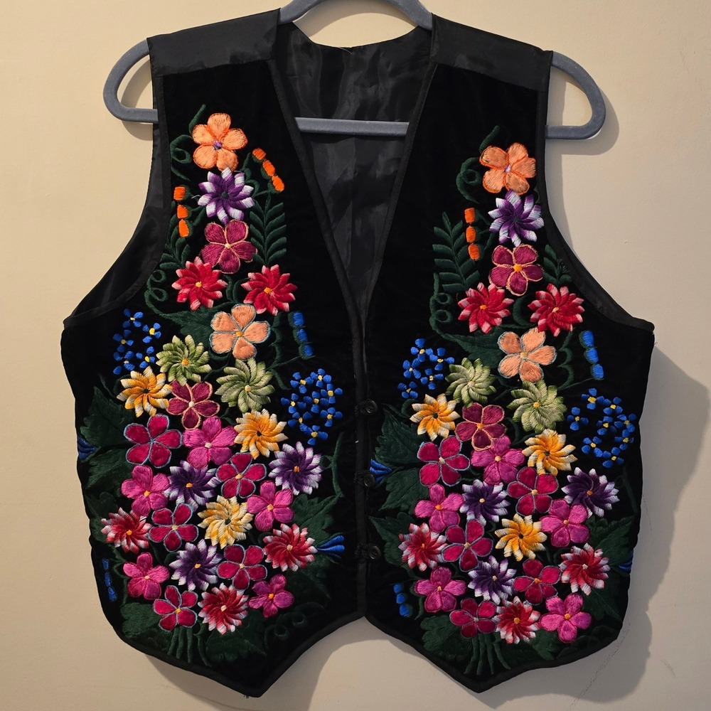 Vintage Black Velvet Hand Embroidered Floral Vest Boho Folk Waistcoat